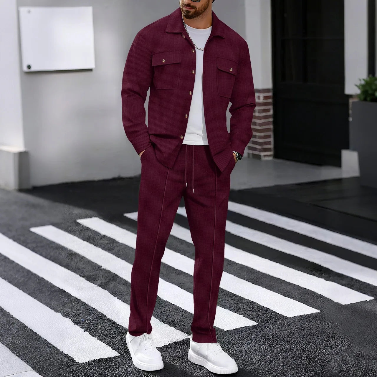 Men's Casual Waffle Knit Long Sleeve Cardigan & Drawstring Pants Set