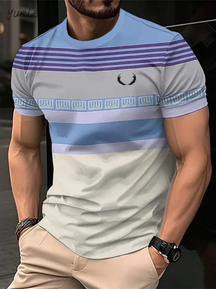 Stylish Men's Striped Print T-Shirt Breathable Casual Loose Fit Tee