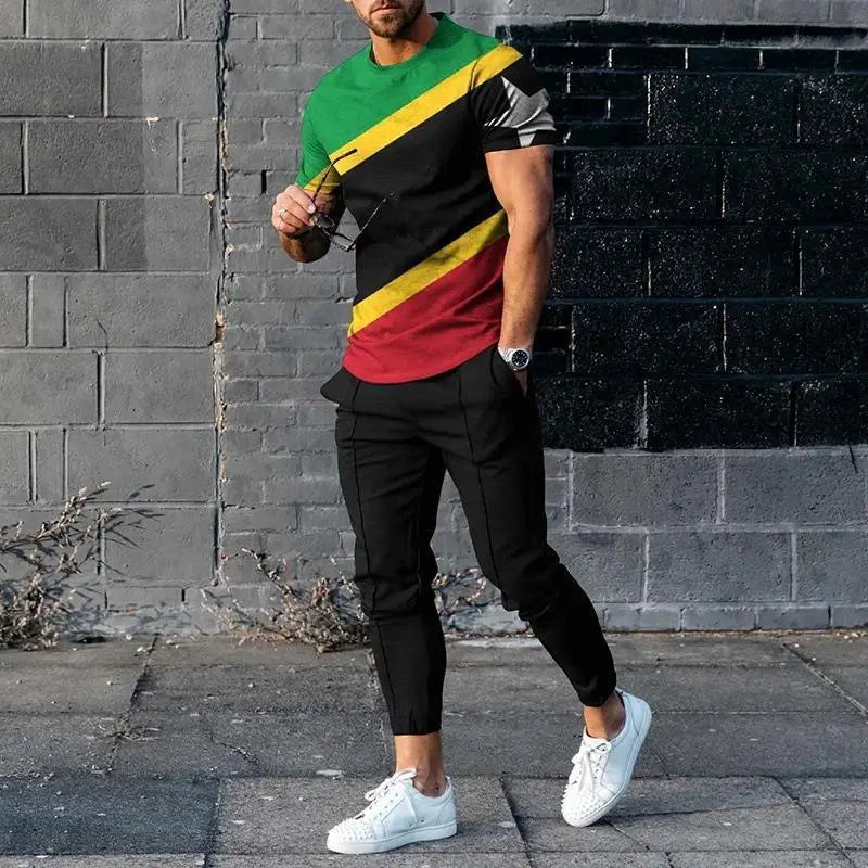 Men's Casual Striped 3D Print Sportswear Set: Short Sleeve Top & Pants