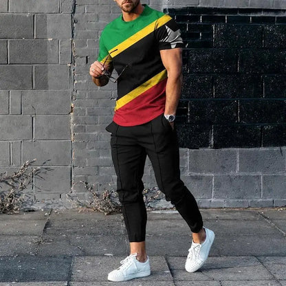 Men's Casual Striped 3D Print Sportswear Set: Short Sleeve Top & Pants