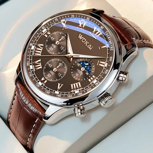 MOONBIFFY Men's Classic Quartz Watch Leather Strap Casual Business Style