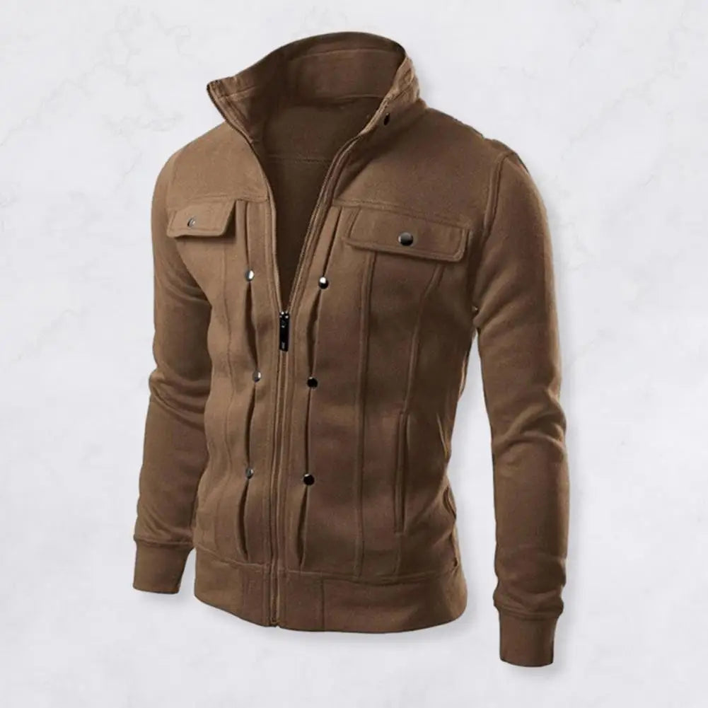 Men's Solid Color Stand Collar Zipper Jacket for Fall & Spring