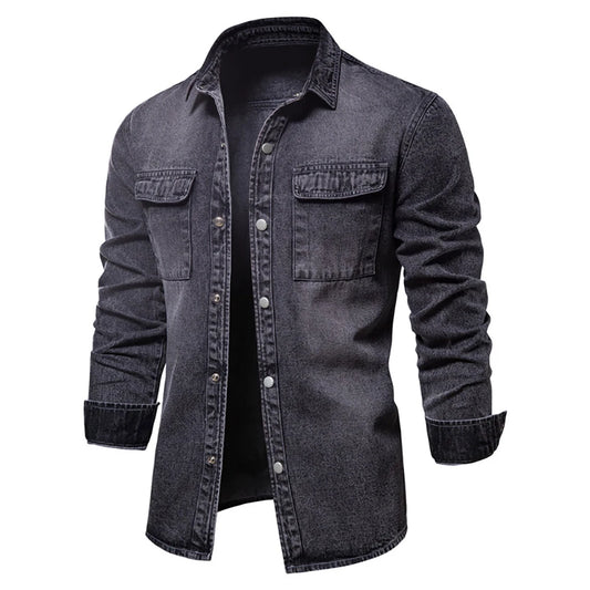 AIOPESON Men's Premium Cotton Denim Shirt - Solid Color Long Sleeve