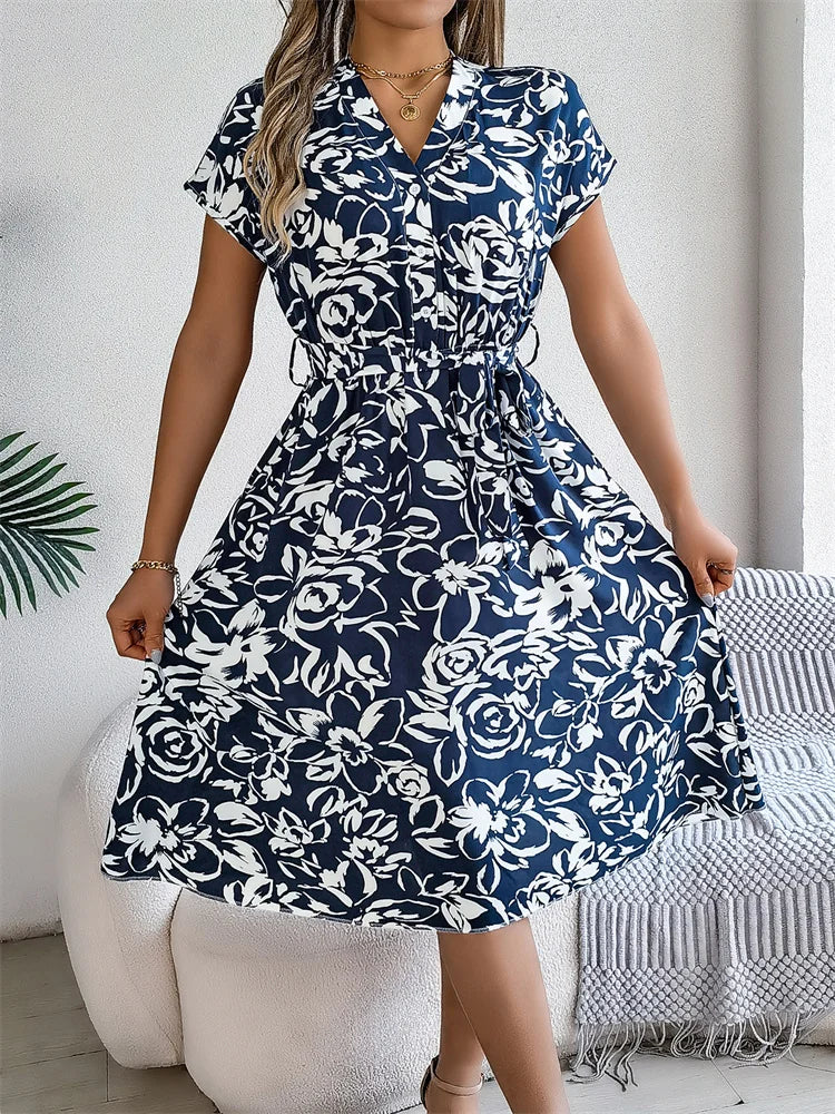 Elegant Msfilia Summer Floral Print Pleated V-Neck Knee-Length Belted Dress