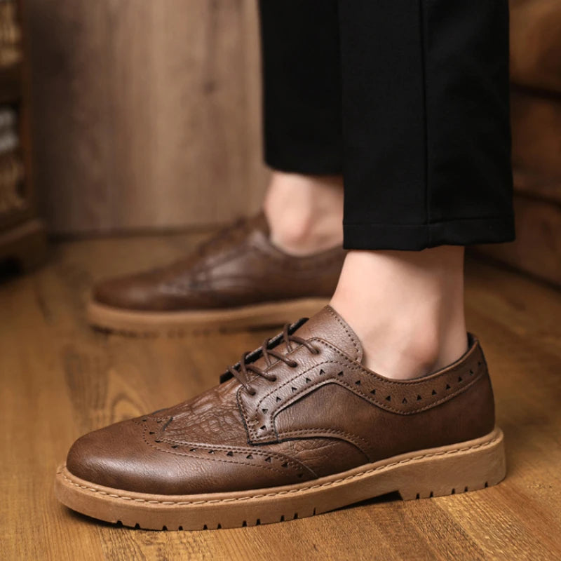 Men's Luxury Brogue Leather Dress Shoes - Soft Sole Lace-Up Comfort