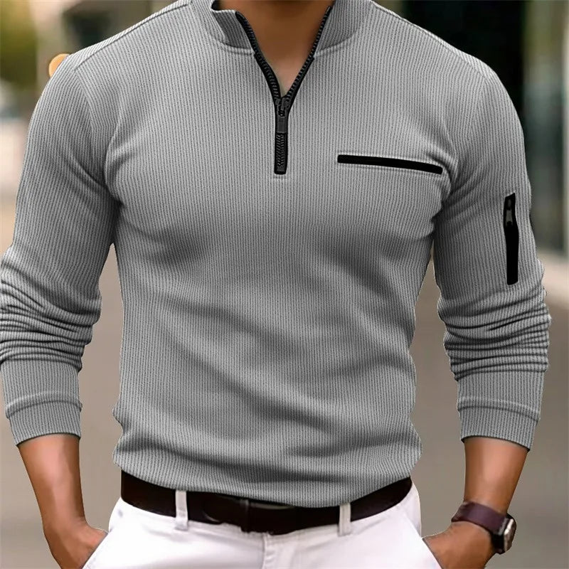 Men's Luxury Striped Zipper Long Sleeve Polo Shirt - Casual Retro Sport Style