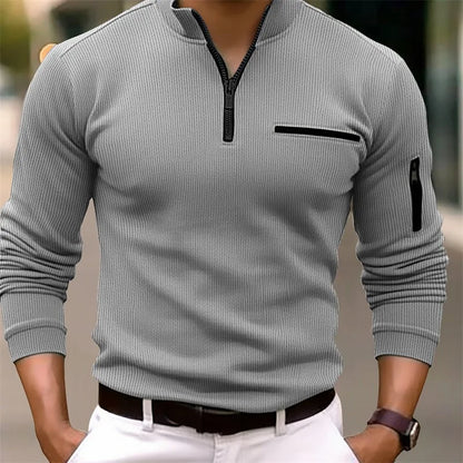 Men's Luxury Striped Zipper Long Sleeve Polo Shirt - Casual Retro Sport Style