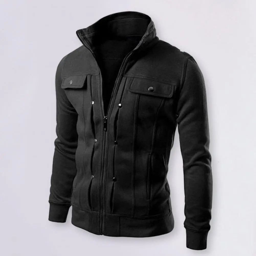 Men's Solid Color Stand Collar Zipper Jacket for Fall & Spring