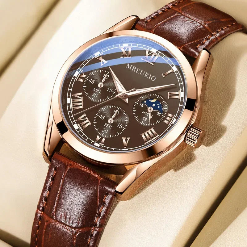 MOONBIFFY Men's Classic Quartz Watch Leather Strap Casual Business Style