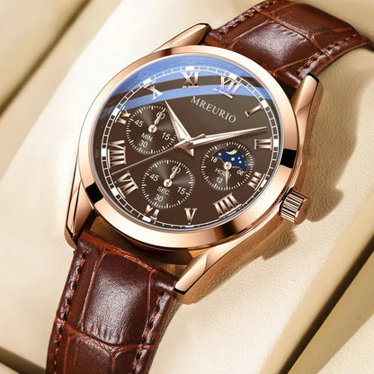 MOONBIFFY Men's Classic Quartz Watch Leather Strap Casual Business Style