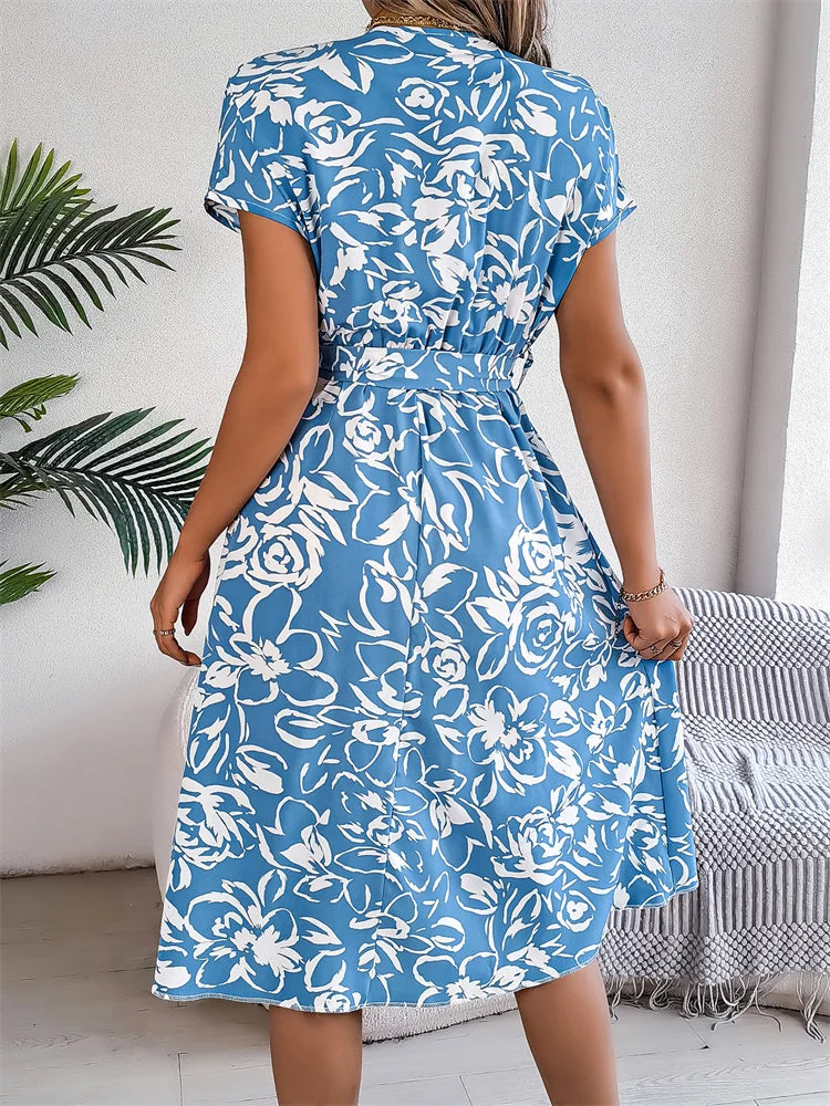 Elegant Msfilia Summer Floral Print Pleated V-Neck Knee-Length Belted Dress