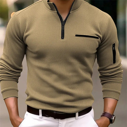 Men's Luxury Striped Zipper Long Sleeve Polo Shirt - Casual Retro Sport Style