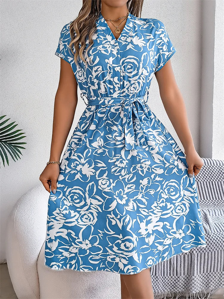 Elegant Msfilia Summer Floral Print Pleated V-Neck Knee-Length Belted Dress