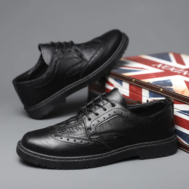 Men's Luxury Brogue Leather Dress Shoes - Soft Sole Lace-Up Comfort