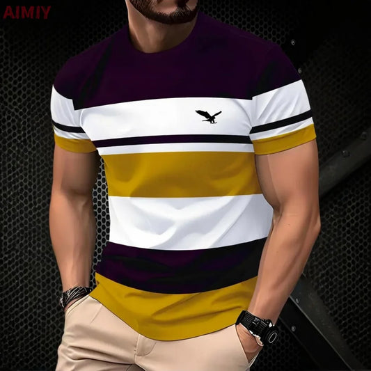 Men's Oversized Striped Casual Round Neck Short Sleeve Summer T-Shirt