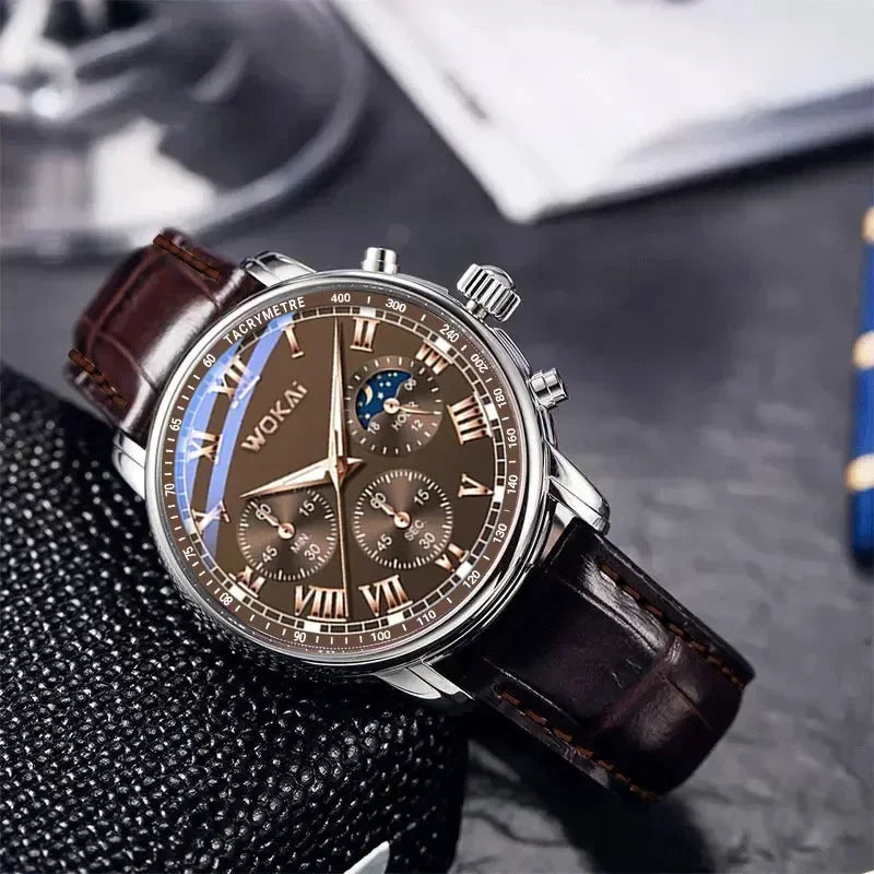 MOONBIFFY Men's Classic Quartz Watch Leather Strap Casual Business Style