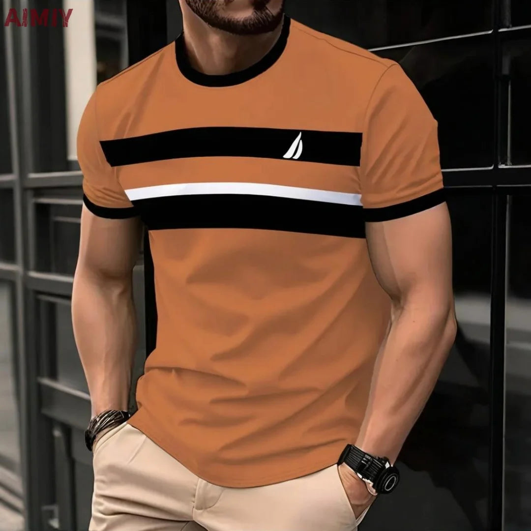 Men's Oversized Striped Casual Round Neck Short Sleeve Summer T-Shirt