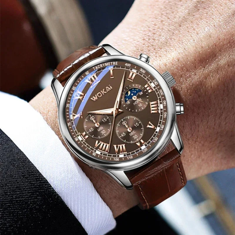 MOONBIFFY Men's Classic Quartz Watch Leather Strap Casual Business Style