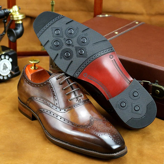Premium Genuine Leather Men's Business Dress Oxfords Luxury Carved Cowhide Shoes