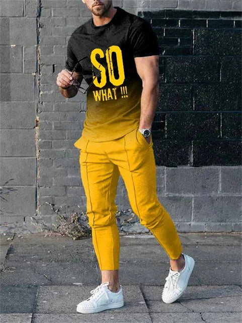 Men's Casual Striped 3D Print Sportswear Set: Short Sleeve Top & Pants