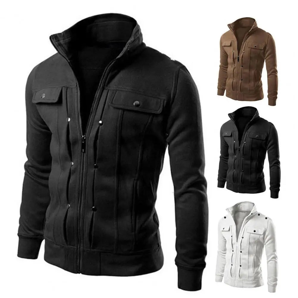 Men's Solid Color Stand Collar Zipper Jacket for Fall & Spring
