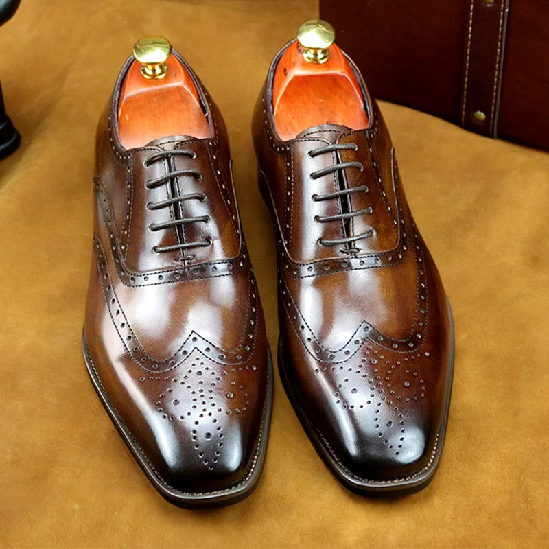 Premium Genuine Leather Men's Business Dress Oxfords Luxury Carved Cowhide Shoes